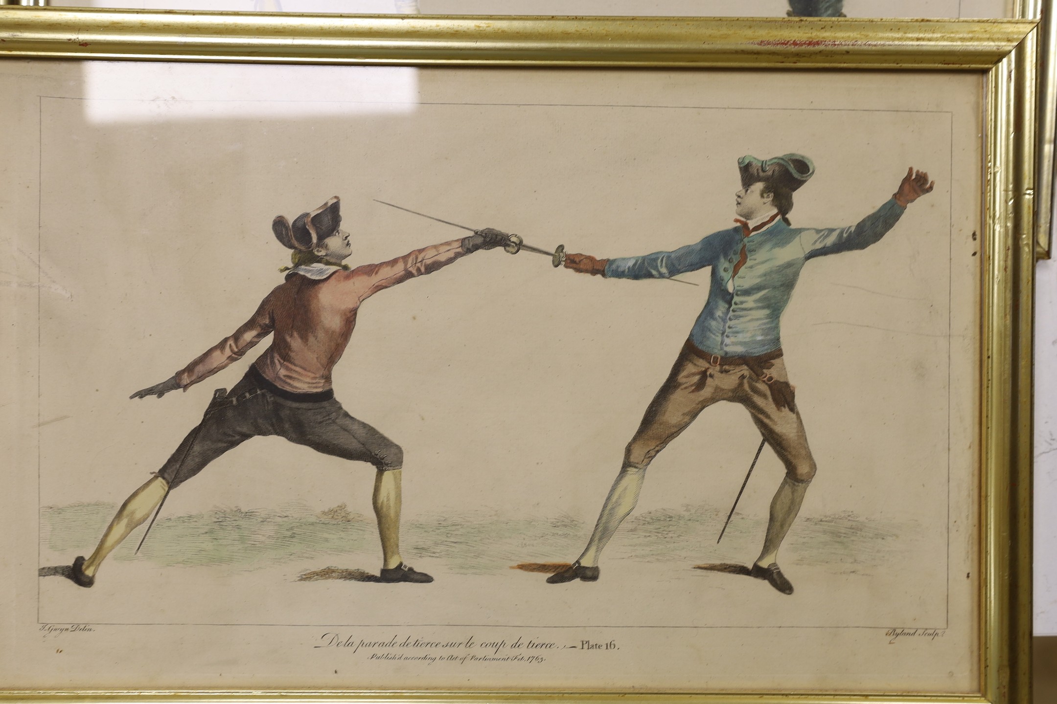 James Gwyn, Six 18th century hand coloured engravings of fencing, publ. 1763, 28 x 44cm